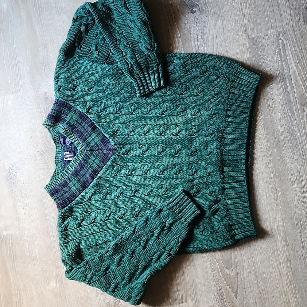 Vintage GAP Green V-Neck Cable Knit Sweater Polo Letterman Varsity Plaid Small